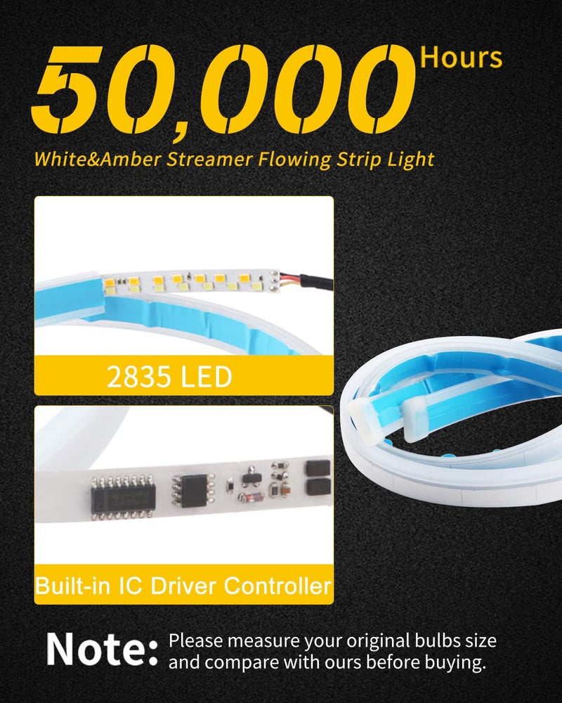 Qasim 60cm White&Yellow Cars DRL LED Strip Daytime Running Lights 24inch Sequential Flowing Turn Signal Guide Strip Auto Car Styling Accessories Waterproof,2-Pack - Image 3